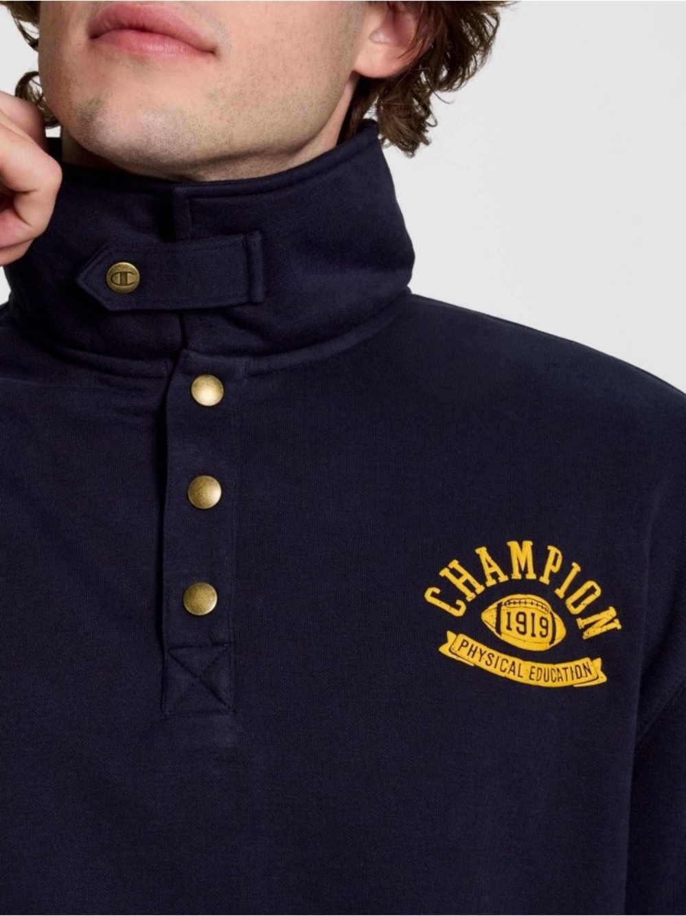 Champion Navy Mock Neck Pullover with Gold Logo Details